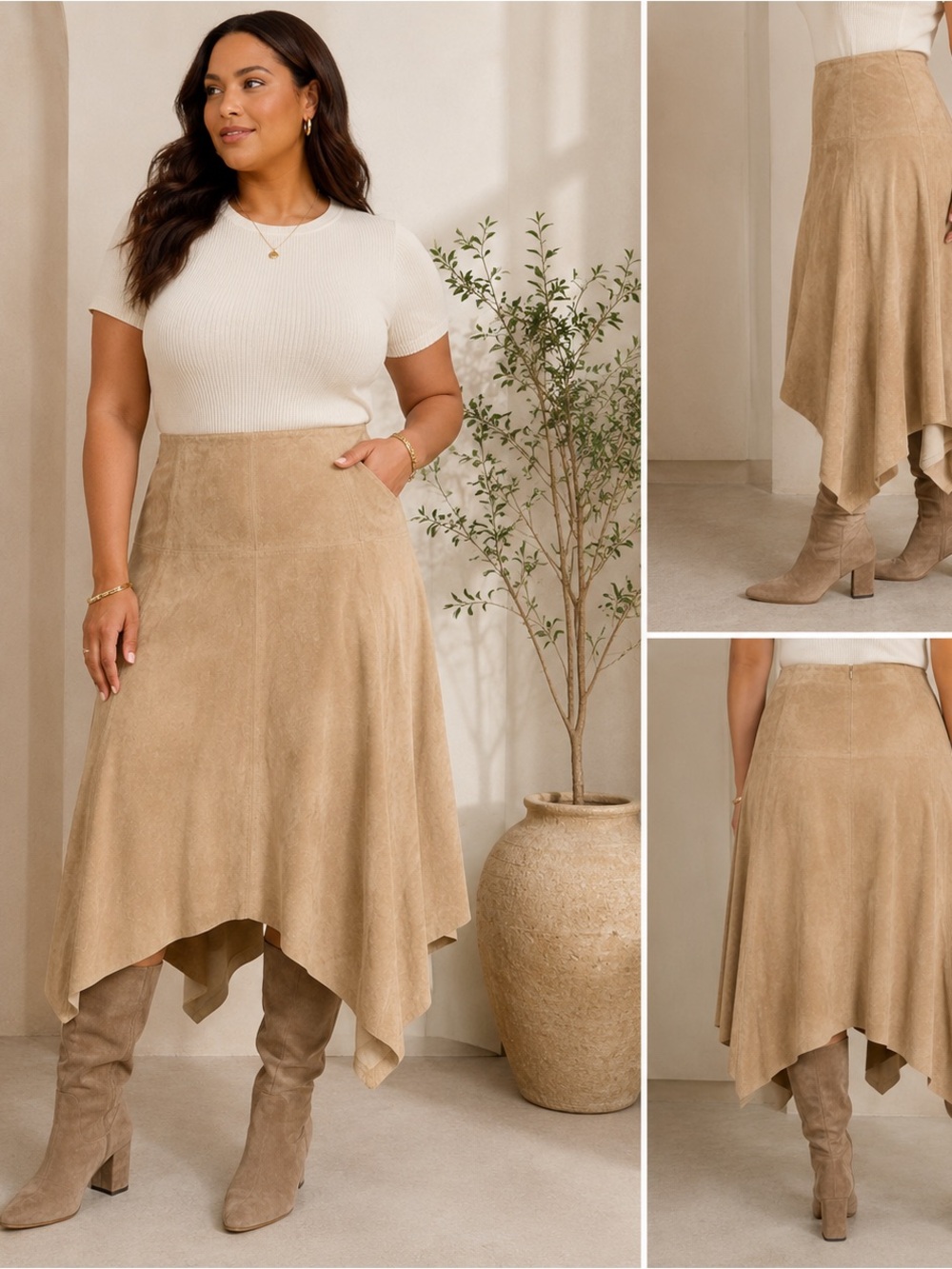 Anthropologie Suede-Look Handkerchief Hem Midi Skirt in Tan